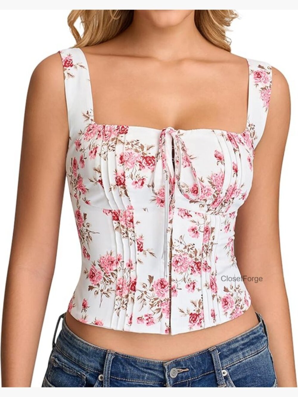 Floral Corset Top Square Neck Lace Up Tie Bustier Crop Top Going Out Summer